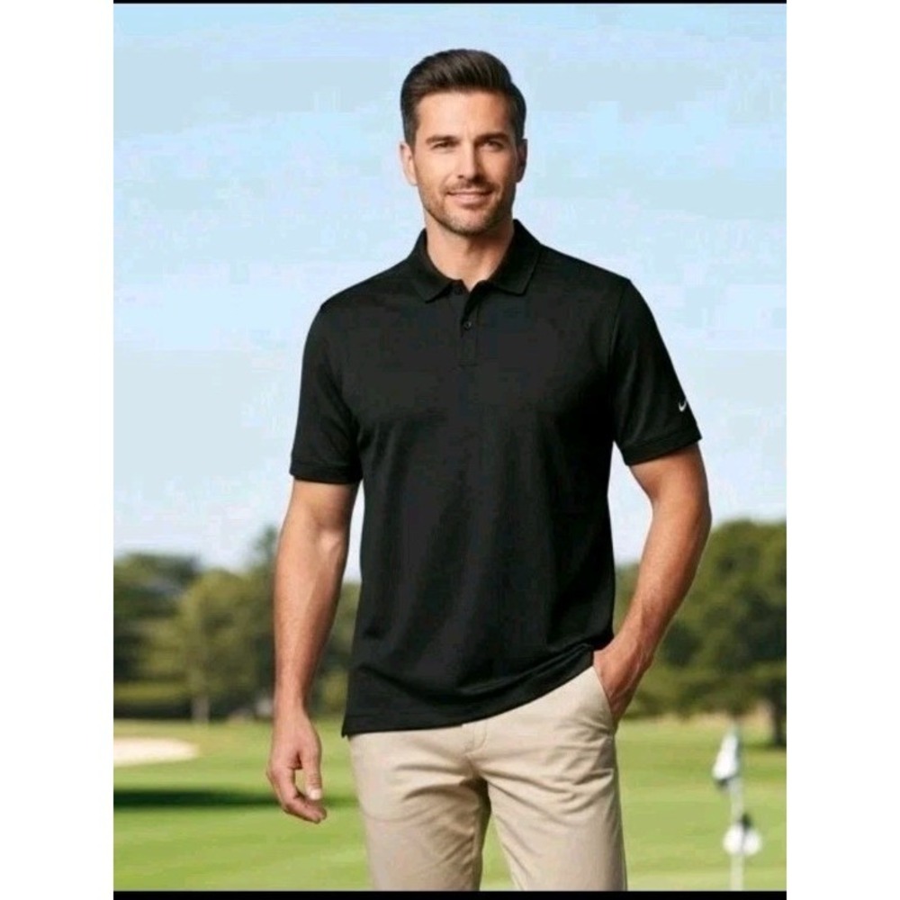 Nike Golf Mens L‎ Fit-dry Polo Shirt Solid Logo Swoosh Pique Black  Athleisure